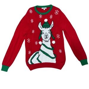 Imagin8 Llama Ugly Christmas Sweater Red Green Pom Pom Snowflake‎ Mens Large